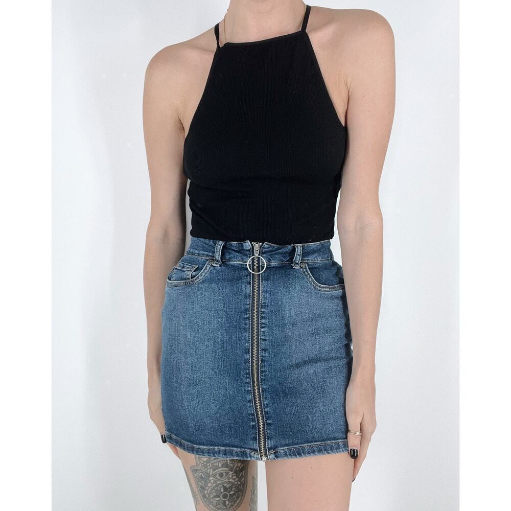 U2B Urban Basics Denim O-Ring Zip Mini Skirt Size XS